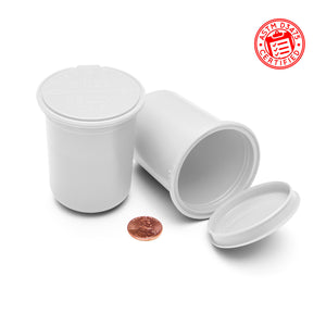 child resistant pop top 30 dram plastic container opaque white flower
