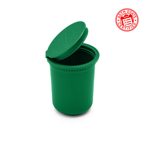child resistant pop top 30 dram plastic container opaque green jar